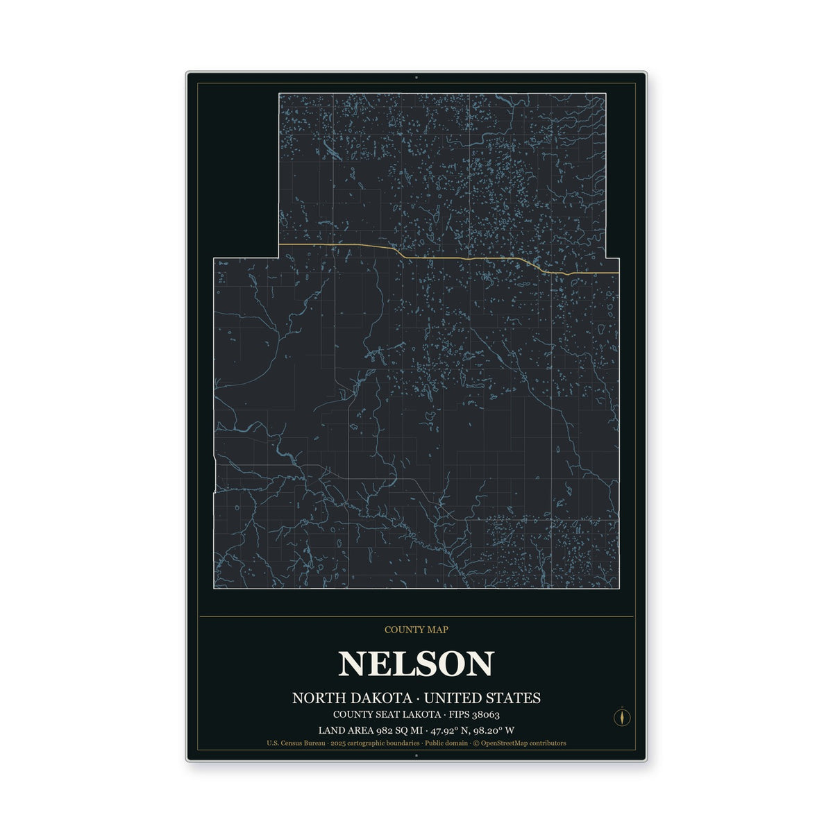 Nelson County, North Dakota Map Aluminum Sign in Metropolitan Noir style