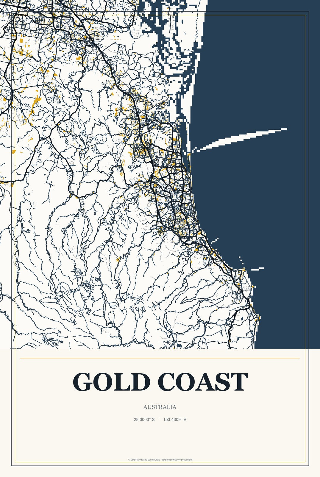 Gold Coast, Australia City Map Aluminum Sign in Citrine Modern style