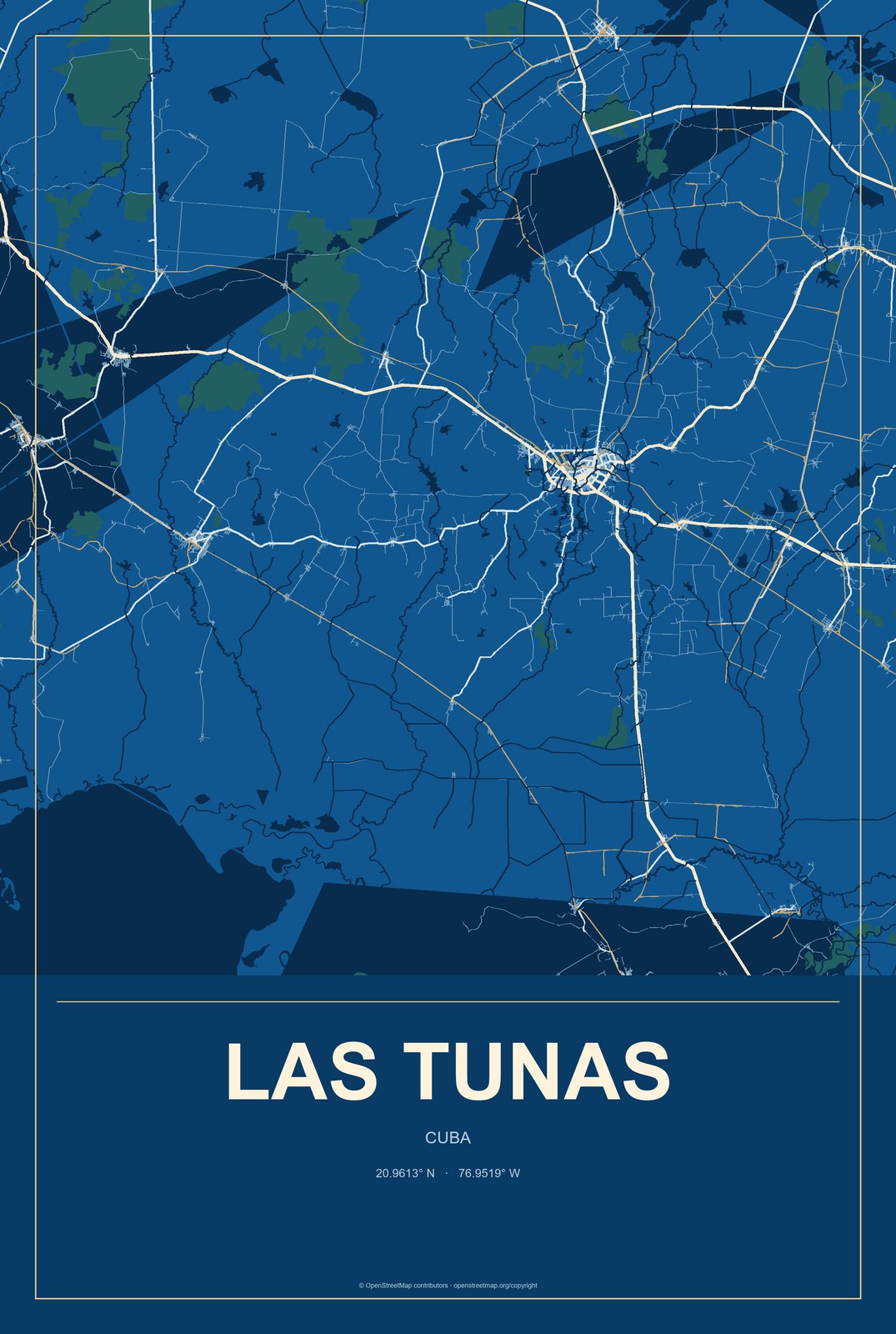 Las Tunas, Cuba City Map Aluminum Sign in Harbor Cobalt style