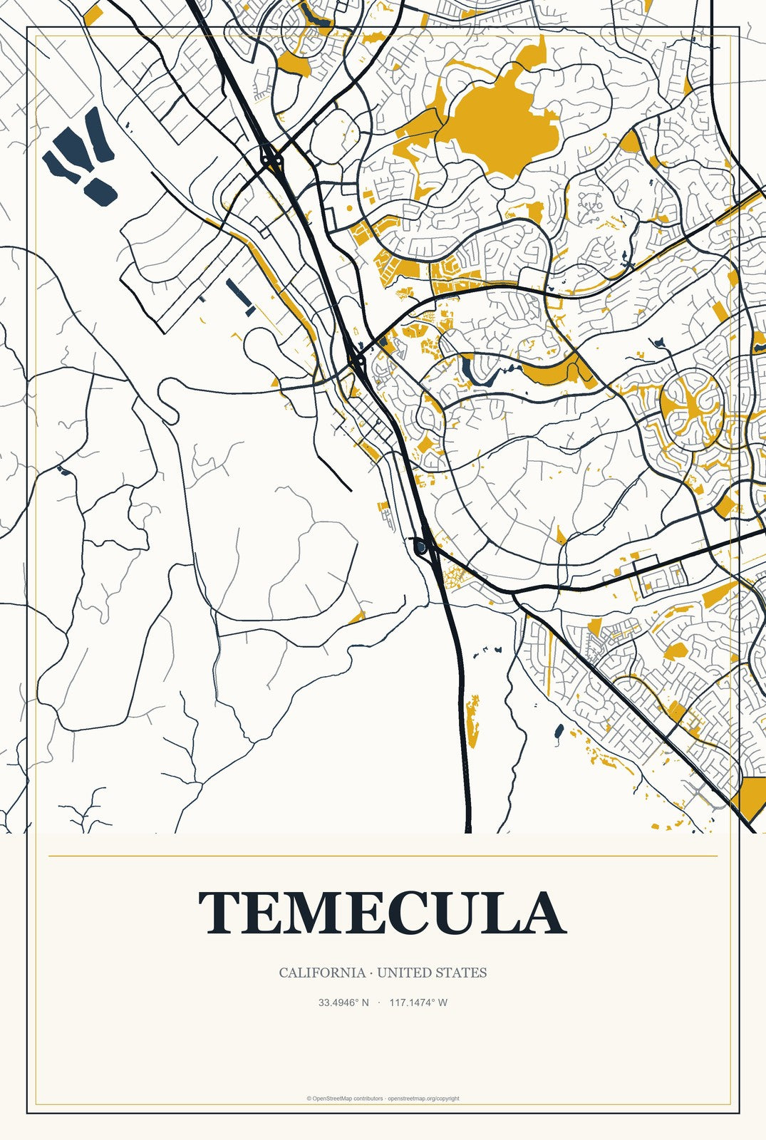 Temecula, California City Map Aluminum Sign in Citrine Modern style