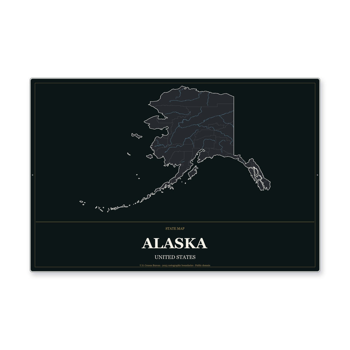 Alaska state map aluminum sign in Metropolitan Noir style