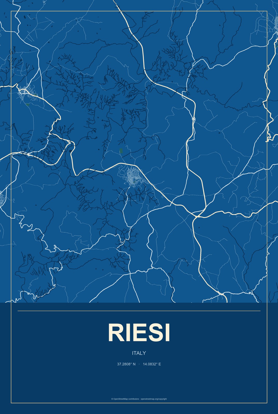 Riesi, Italy City Map Aluminum Sign in Harbor Cobalt style