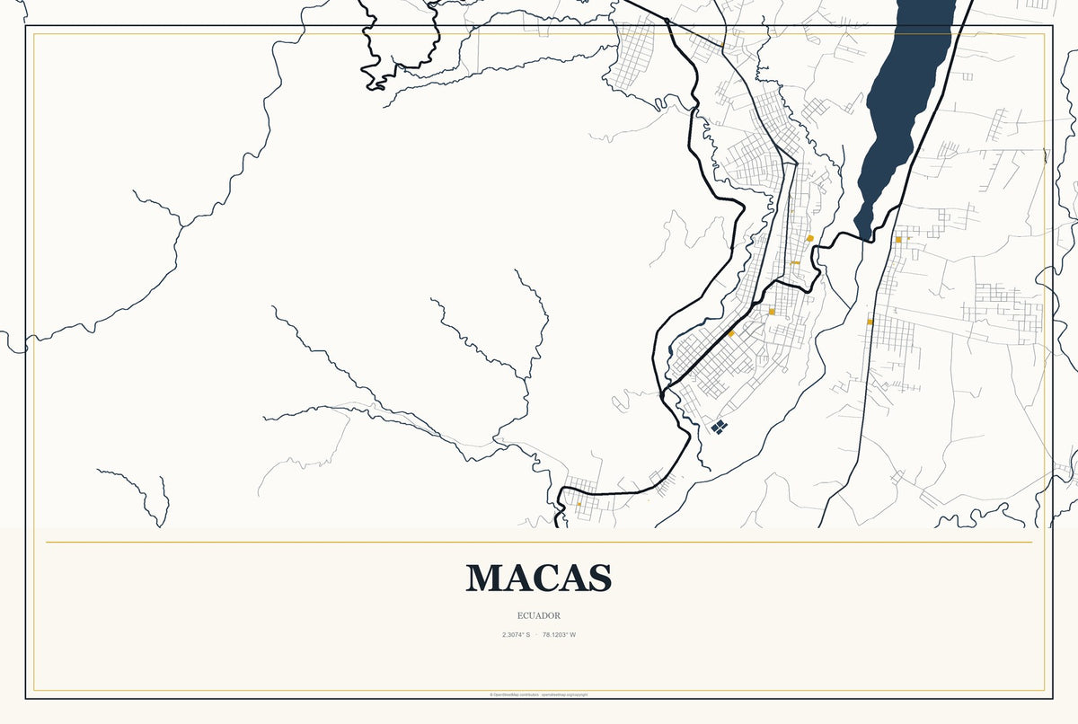 Macas, Ecuador City Map Aluminum Sign in Citrine Modern style