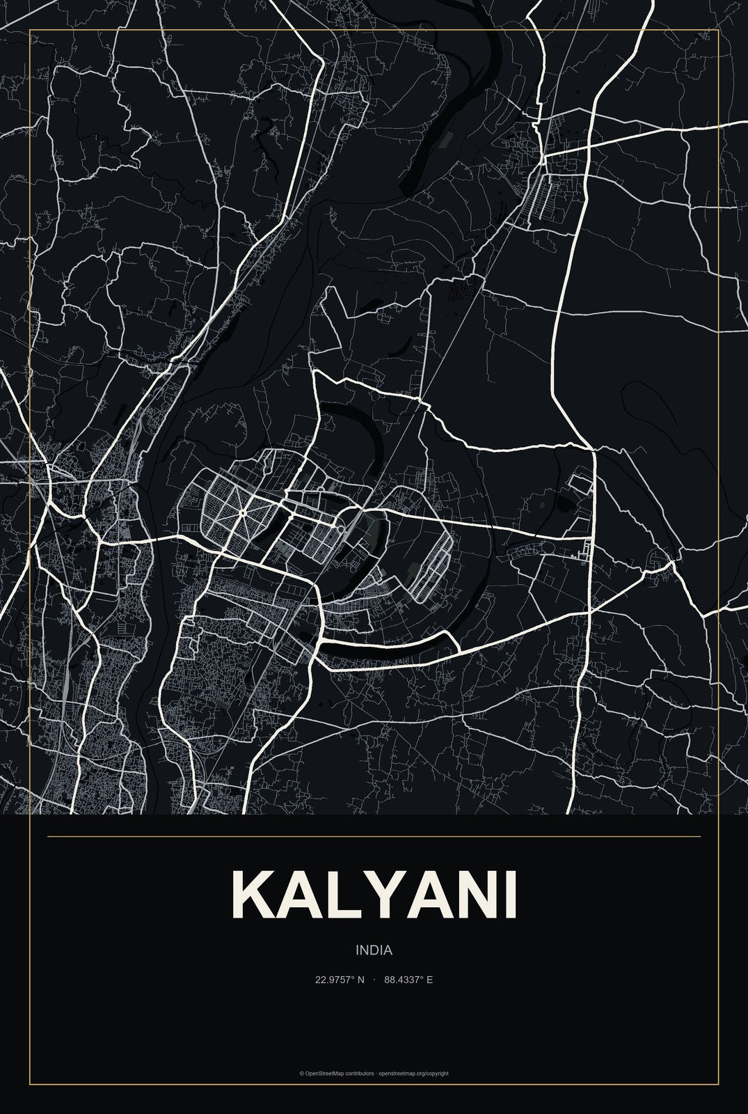 Kalyani, India City Map Aluminum Sign in Metropolitan Noir style