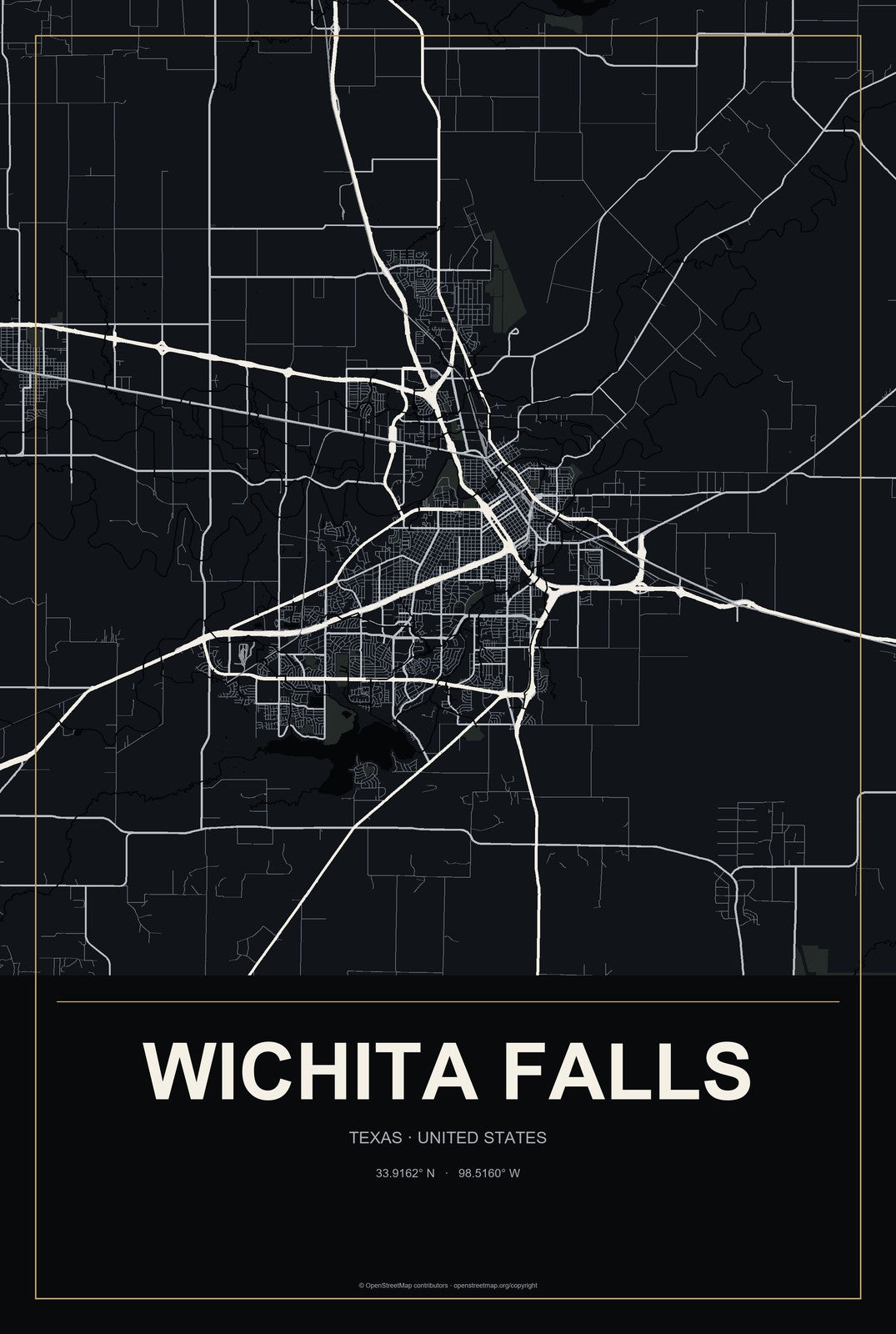 Wichita Falls, Texas City Map Aluminum Sign in Metropolitan Noir style