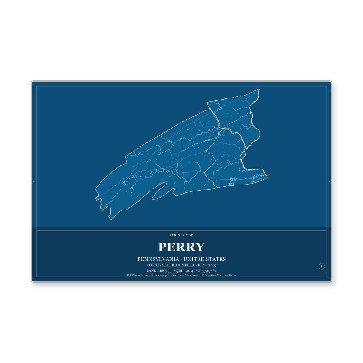 Perry County, Pennsylvania Map Aluminum Sign in Harbor Cobalt style