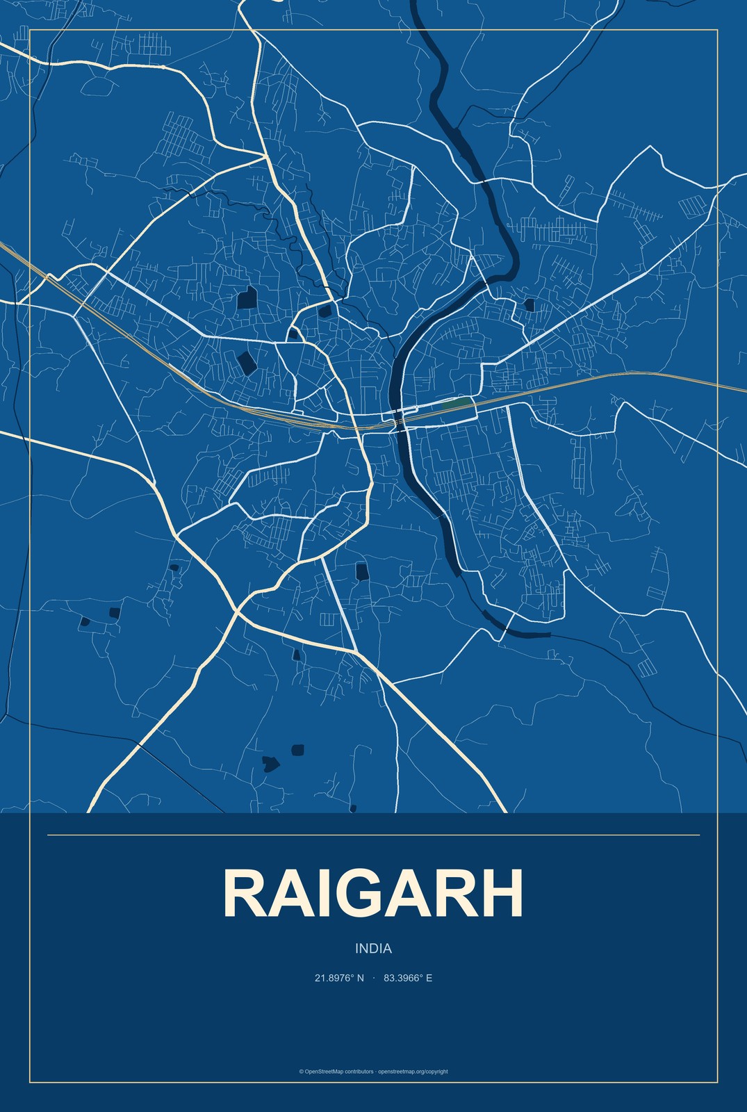 Raigarh, India City Map Aluminum Sign in Harbor Cobalt style