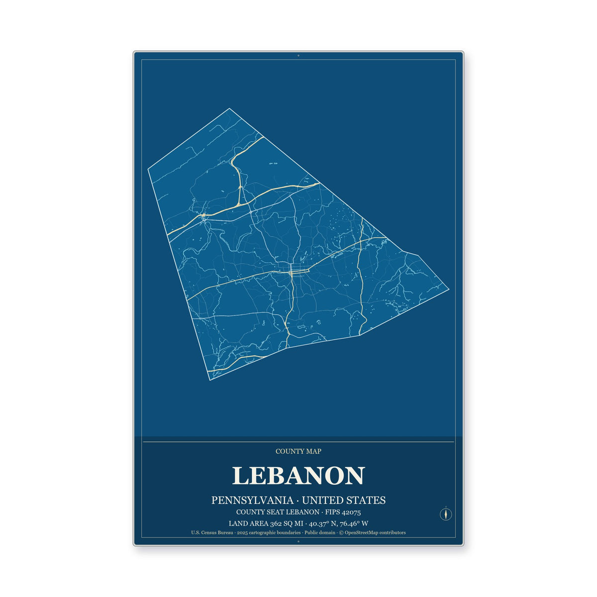 Lebanon County, Pennsylvania Map Aluminum Sign in Harbor Cobalt style