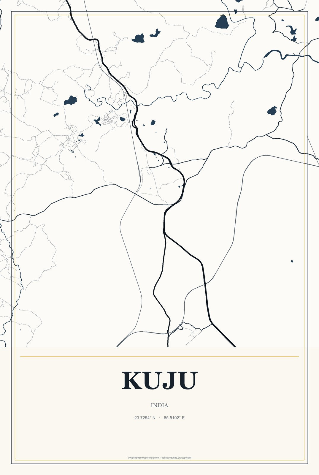 Kuju, India City Map Aluminum Sign in Citrine Modern style