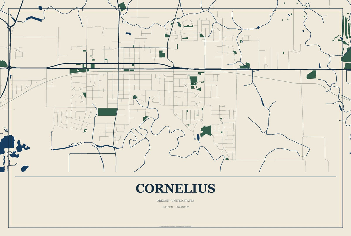 Cornelius, Oregon City Map Aluminum Sign in Coastal Cutout style