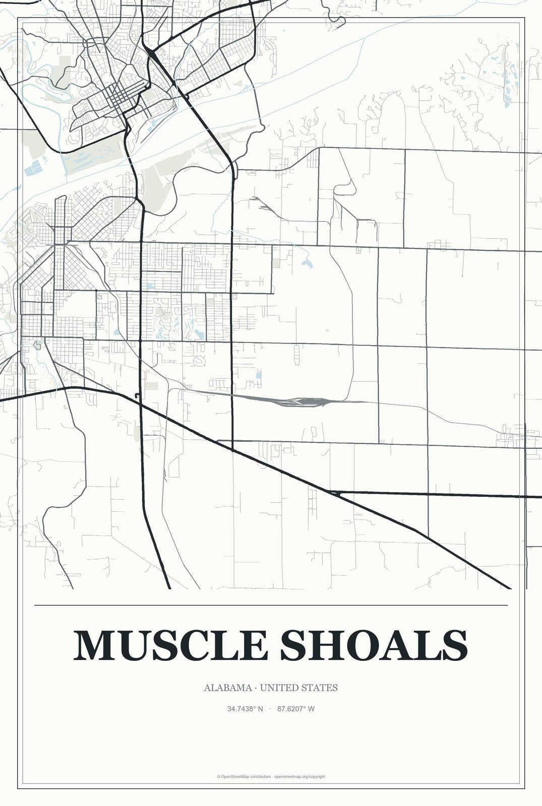 Muscle Shoals, Alabama City Map Aluminum Sign in Gallery Air style