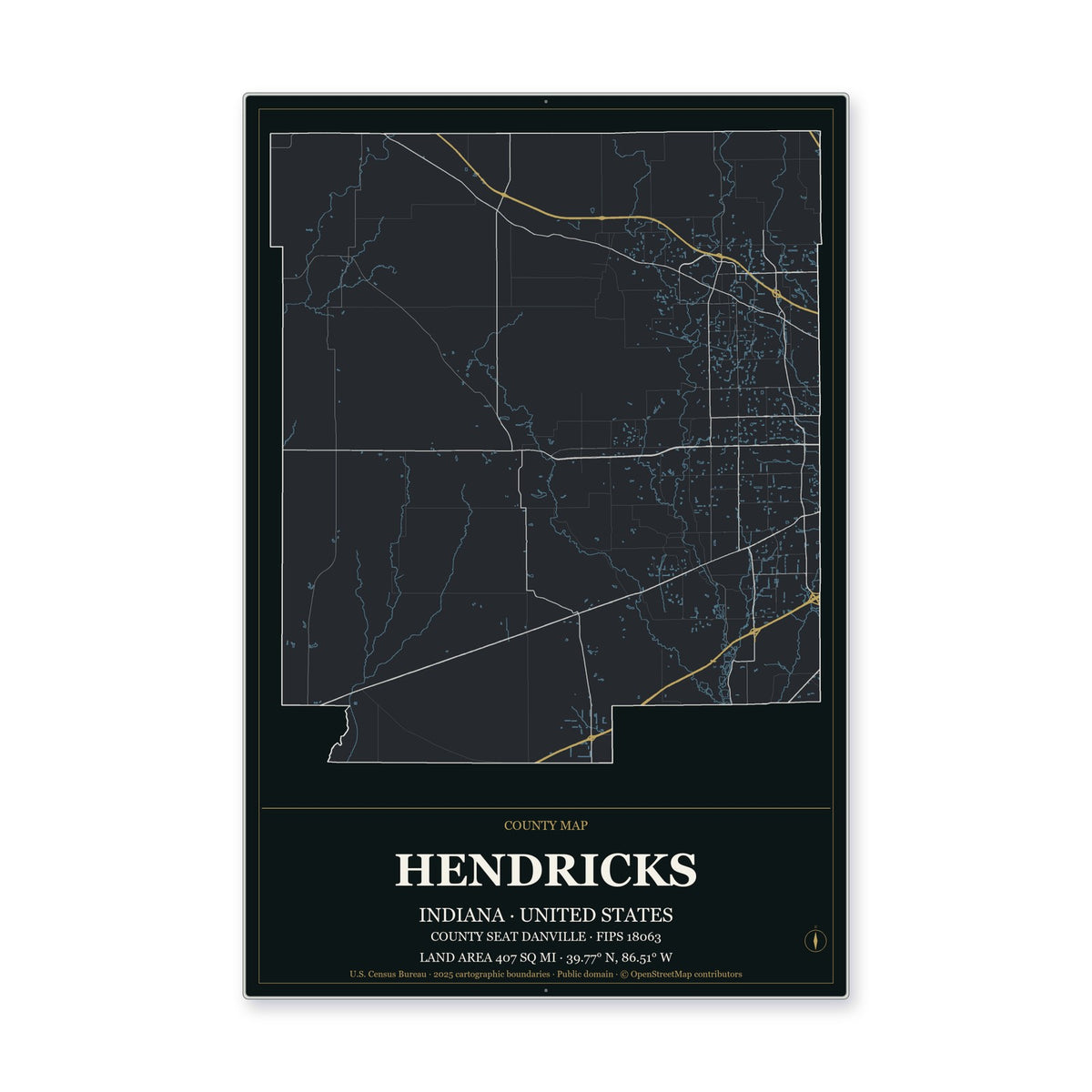 Hendricks County, Indiana Map Aluminum Sign in Metropolitan Noir style