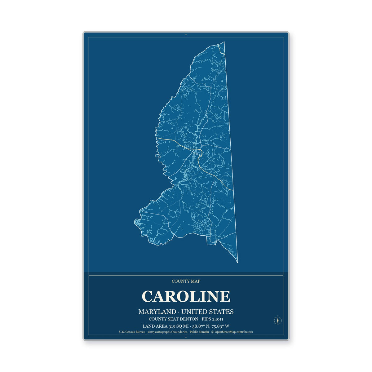 Caroline County, Maryland Map Aluminum Sign in Harbor Cobalt style
