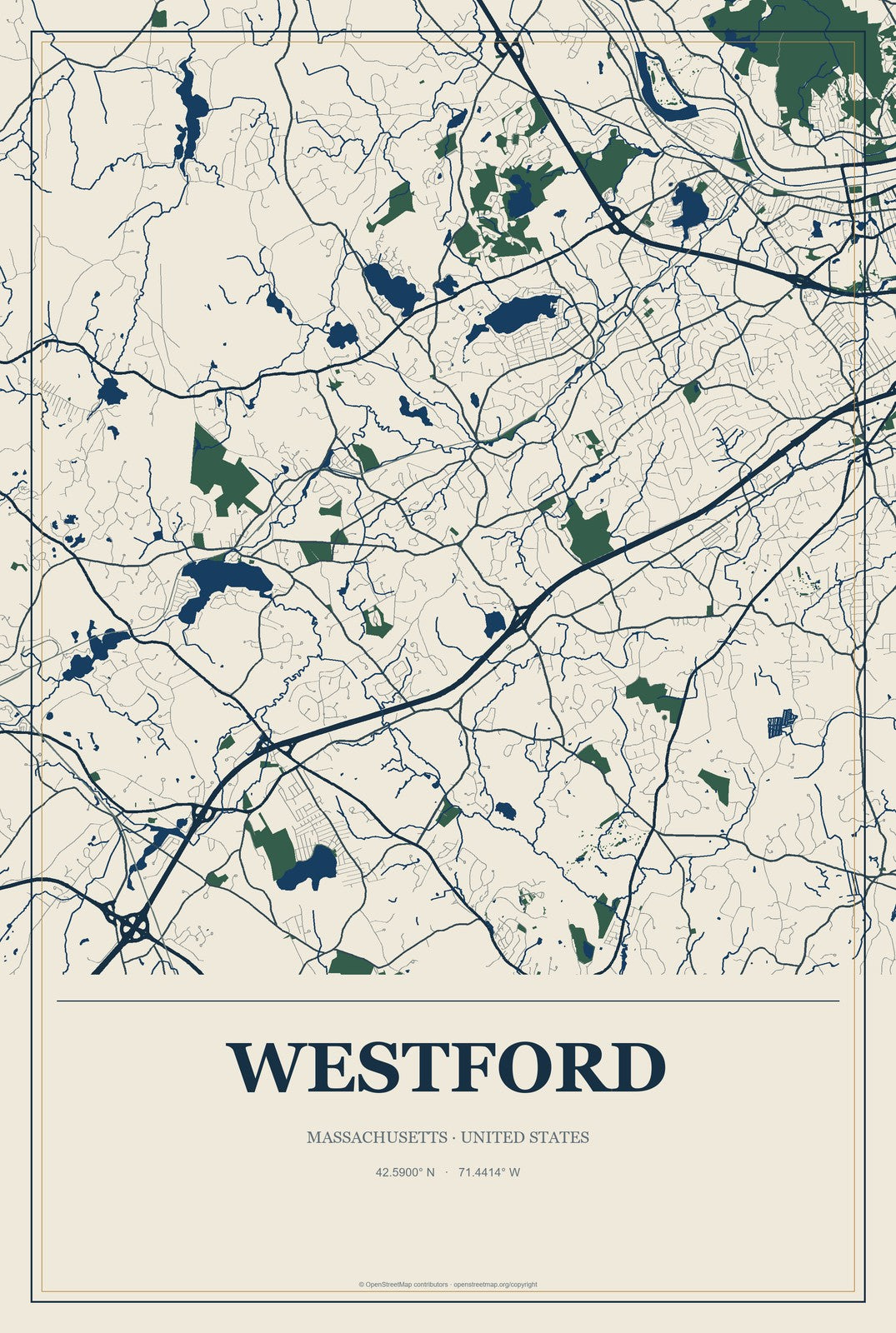 Westford, Massachusetts City Map Aluminum Sign in Coastal Cutout style