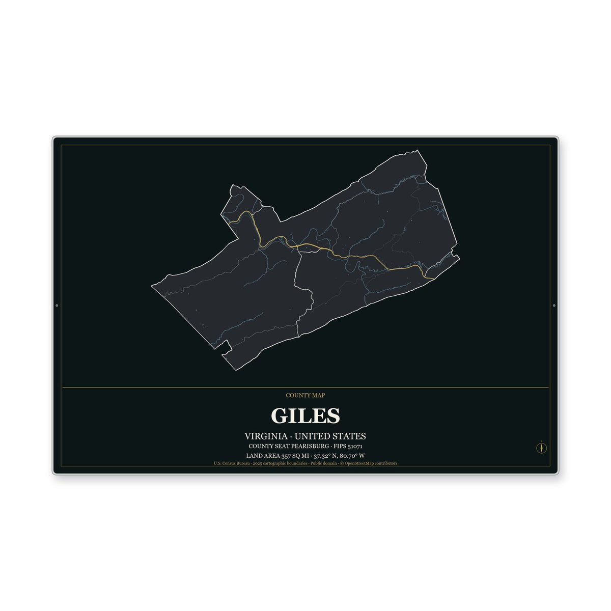 Giles County, Virginia Map Aluminum Sign in Metropolitan Noir style