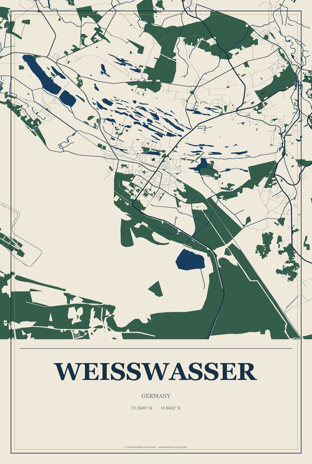 Weißwasser, Germany City Map Aluminum Sign in Coastal Cutout style