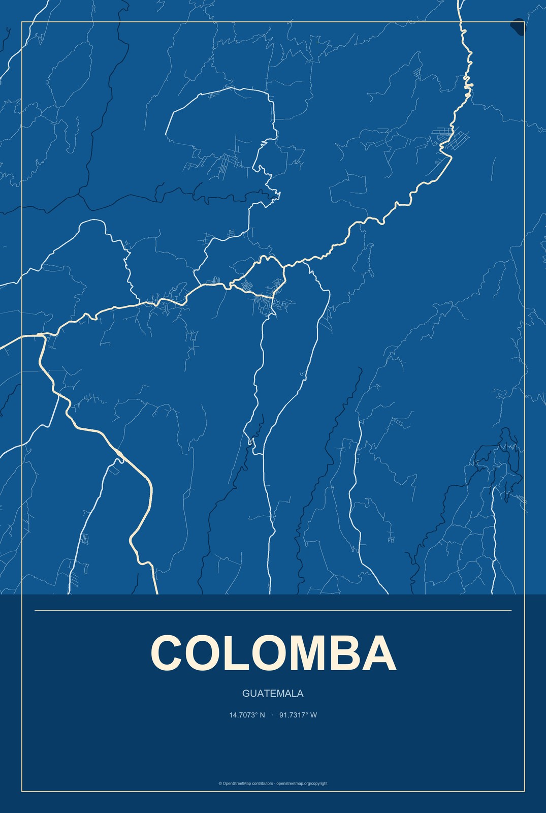 Colomba, Guatemala City Map Aluminum Sign in Harbor Cobalt style