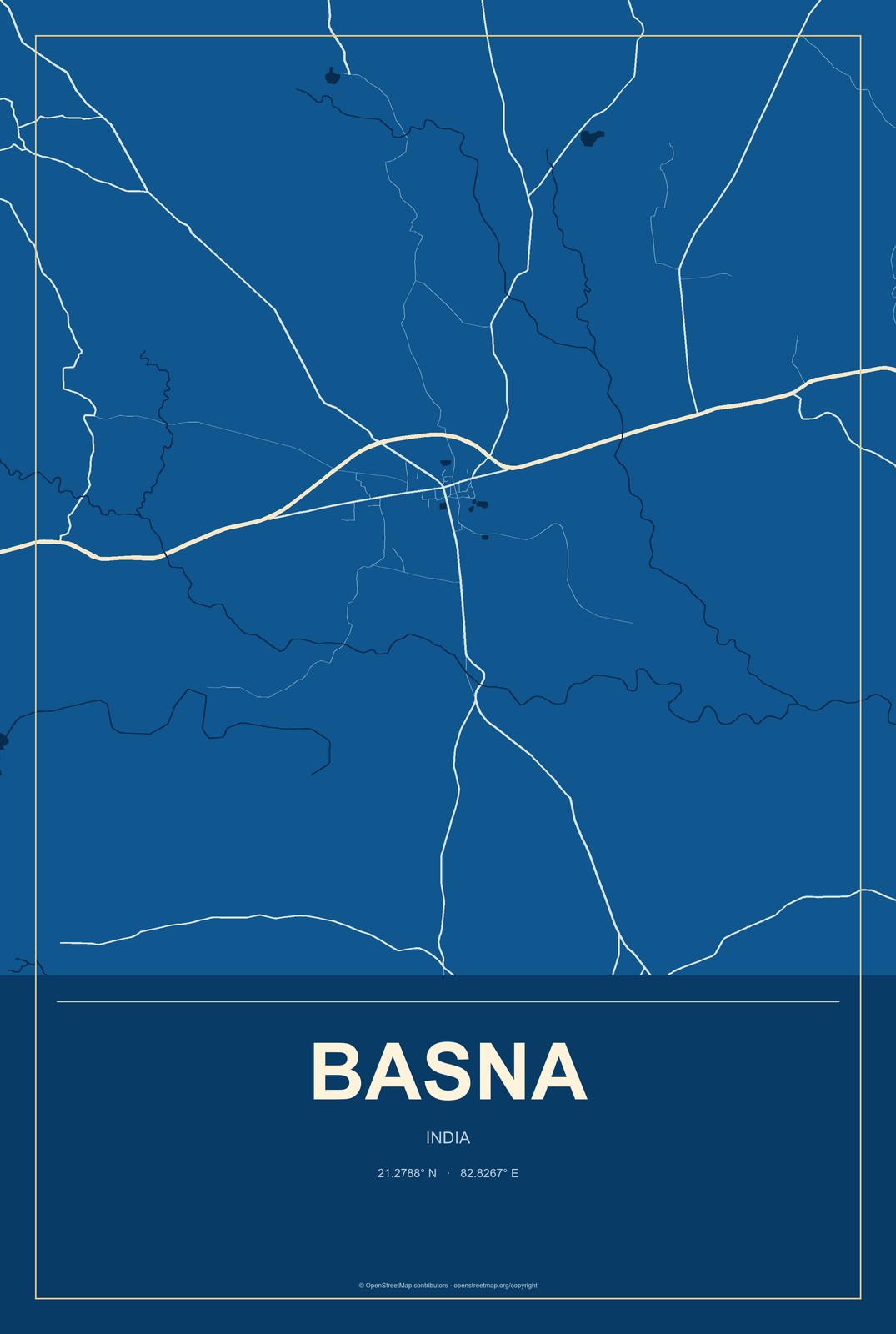 Basna, India City Map Aluminum Sign in Harbor Cobalt style