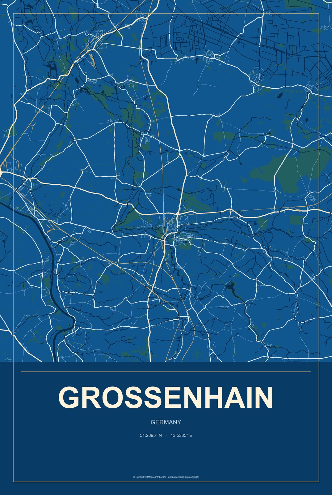 Großenhain, Germany City Map Aluminum Sign in Harbor Cobalt style