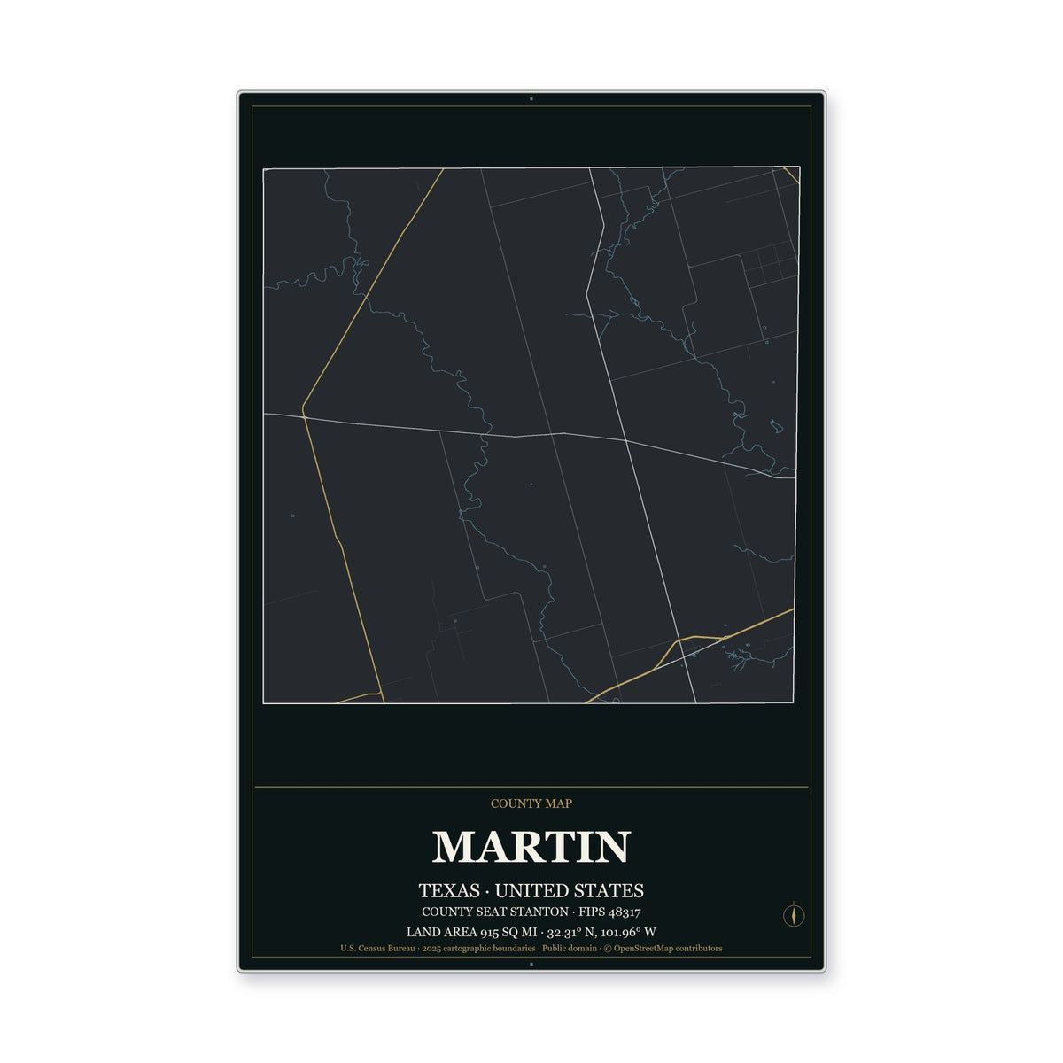 Martin County, Texas Map Aluminum Sign in Metropolitan Noir style