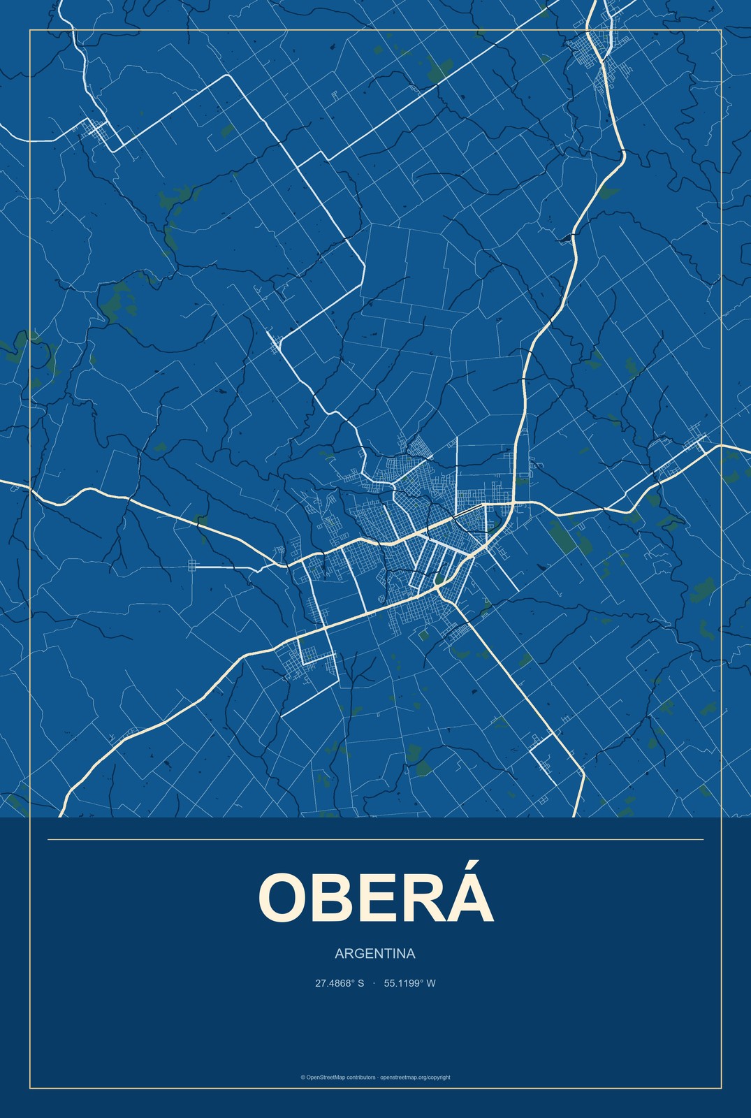 Oberá, Argentina City Map Aluminum Sign in Harbor Cobalt style