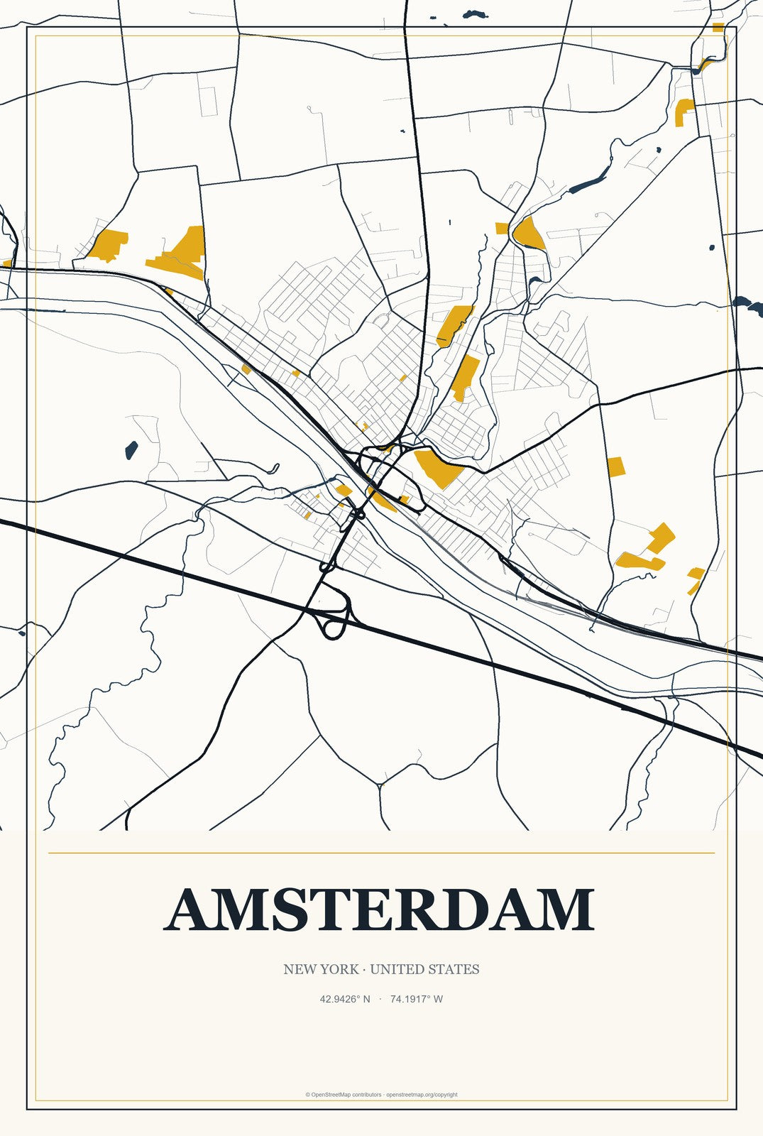 Amsterdam, New York City Map Aluminum Sign in Citrine Modern style