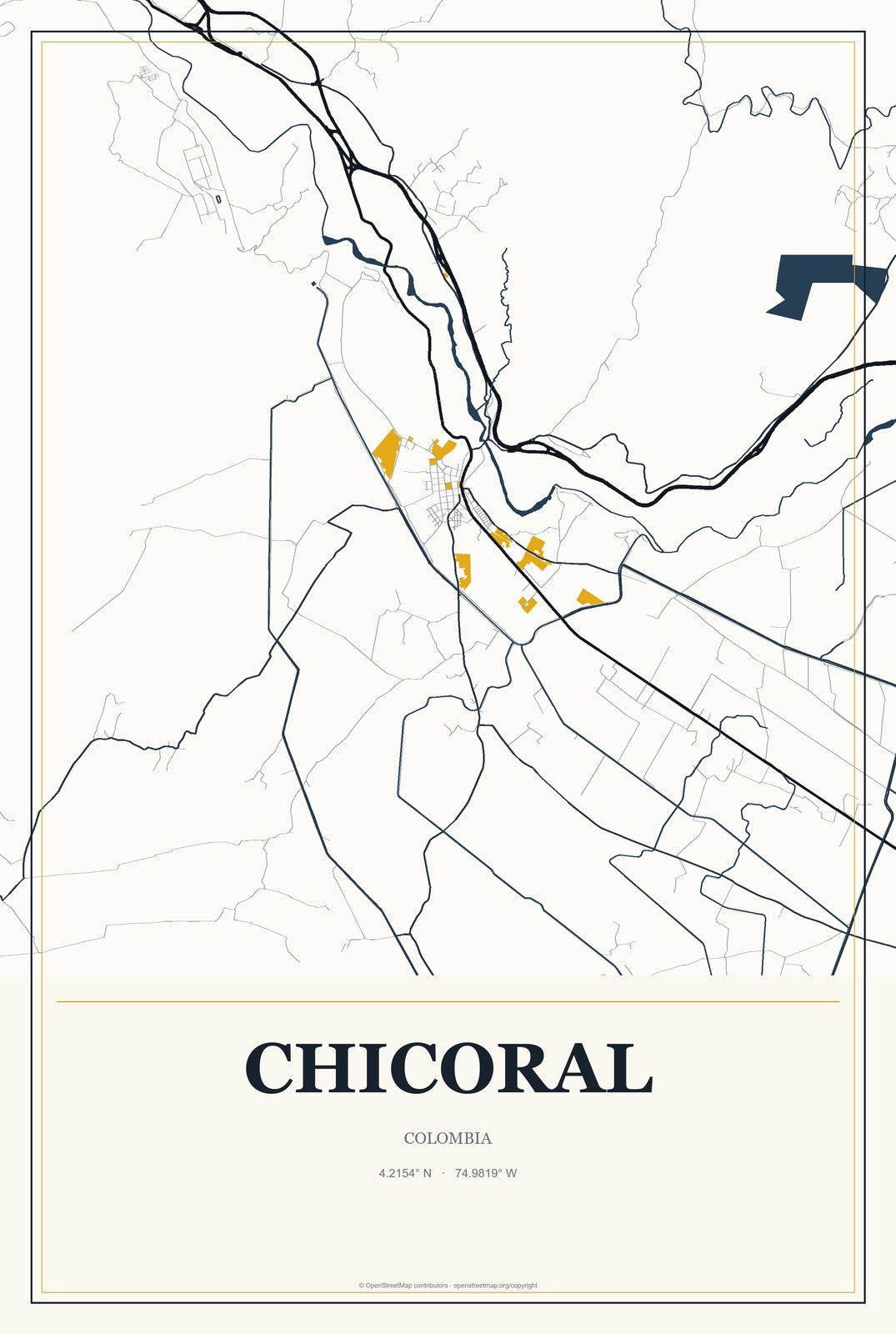 Chicoral, Colombia City Map Aluminum Sign in Citrine Modern style