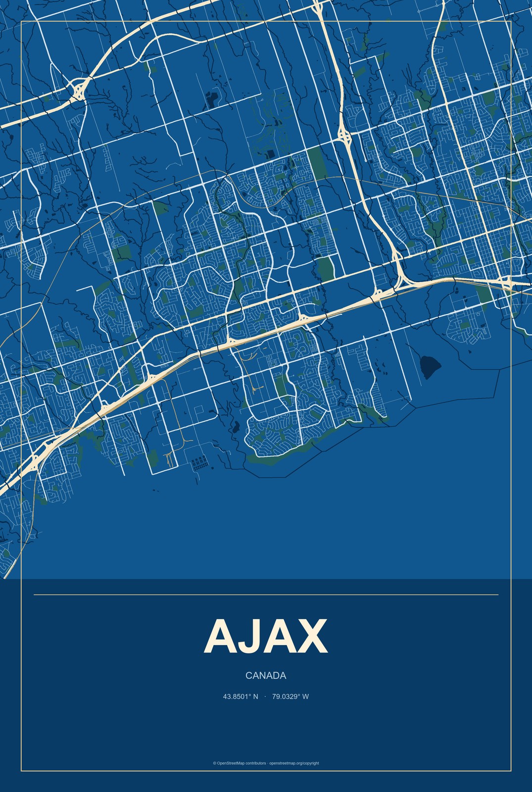 Ajax, Canada City Map Aluminum Sign in Harbor Cobalt style
