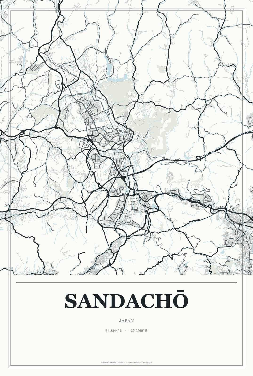 Sandachō, Japan City Map Aluminum Sign in Gallery Air style