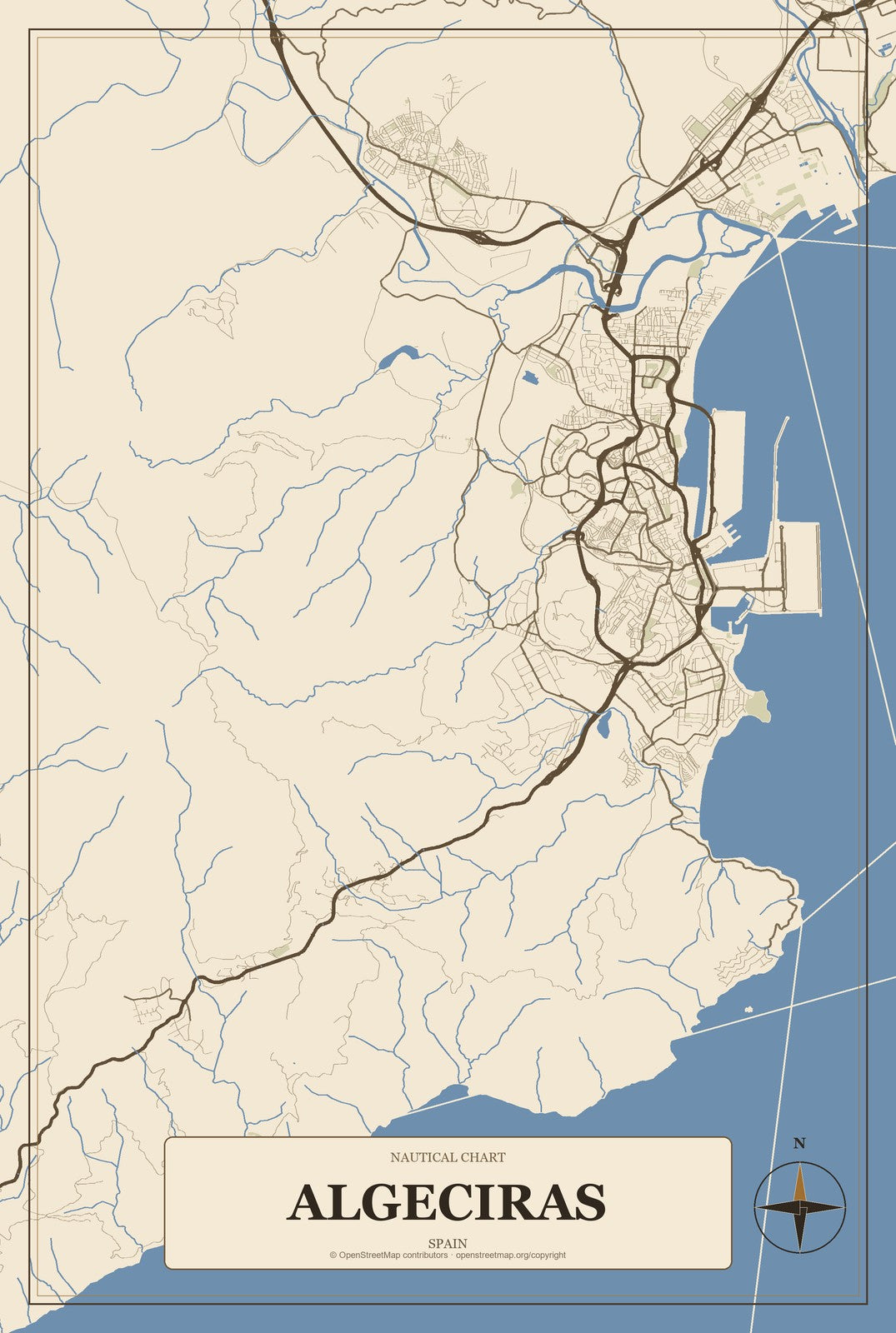 Algeciras, Spain City Map Aluminum Sign in Heritage Nautical style