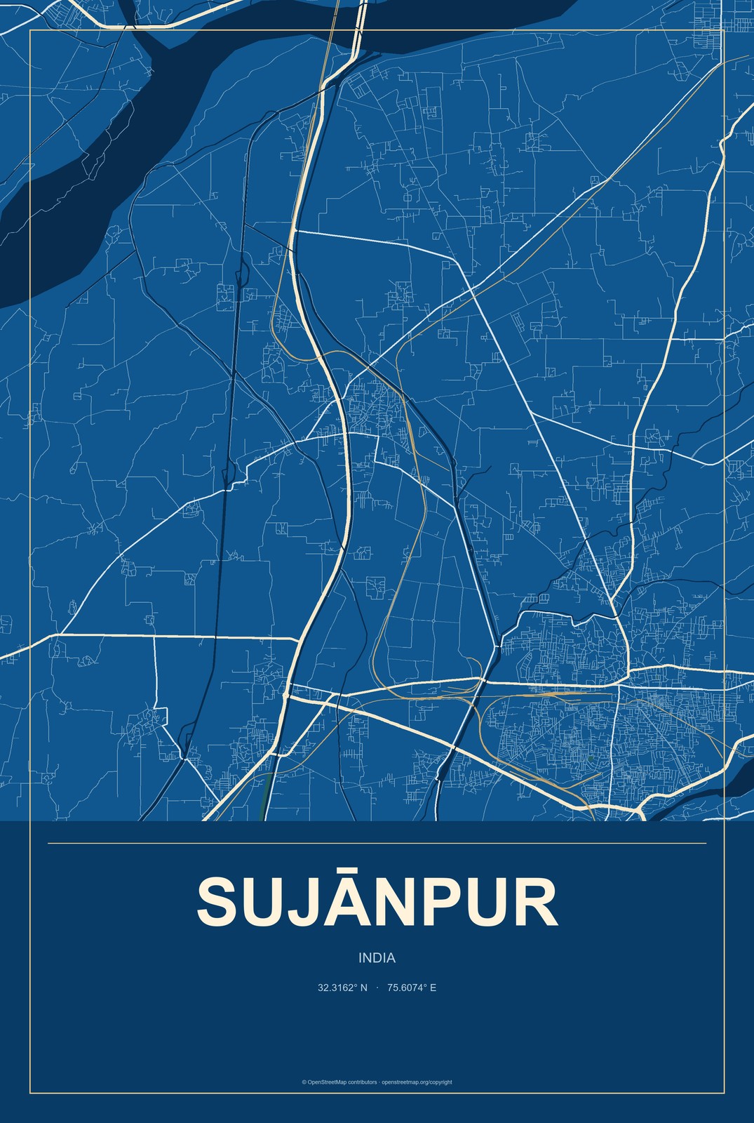 Sujānpur, India City Map Aluminum Sign in Harbor Cobalt style