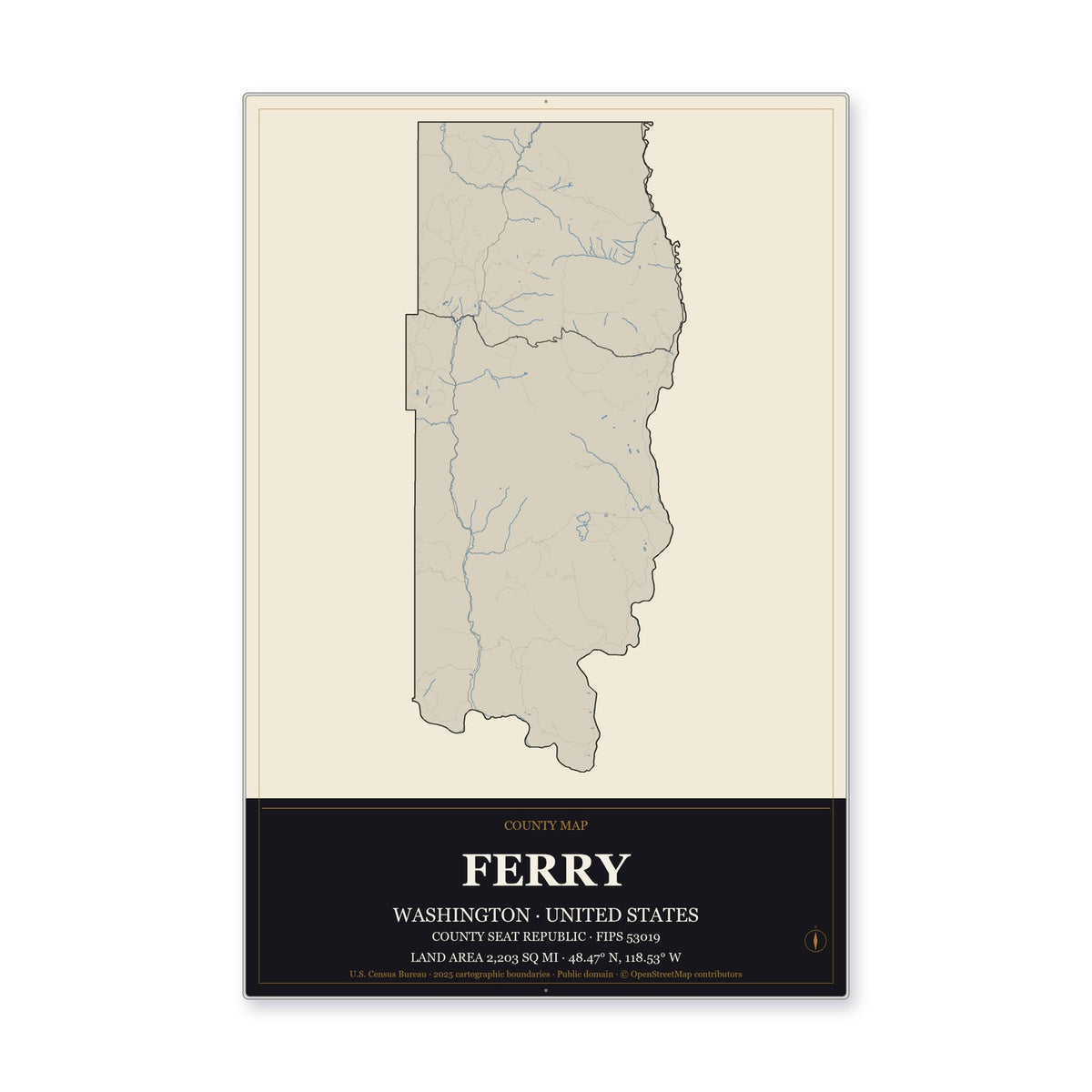 Ferry County, Washington Map Aluminum Sign in Museum Plaque style
