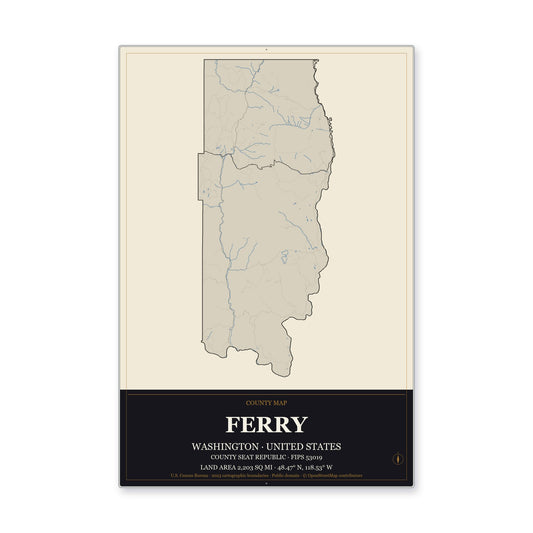 Ferry County, Washington Map Aluminum Sign in Museum Plaque style