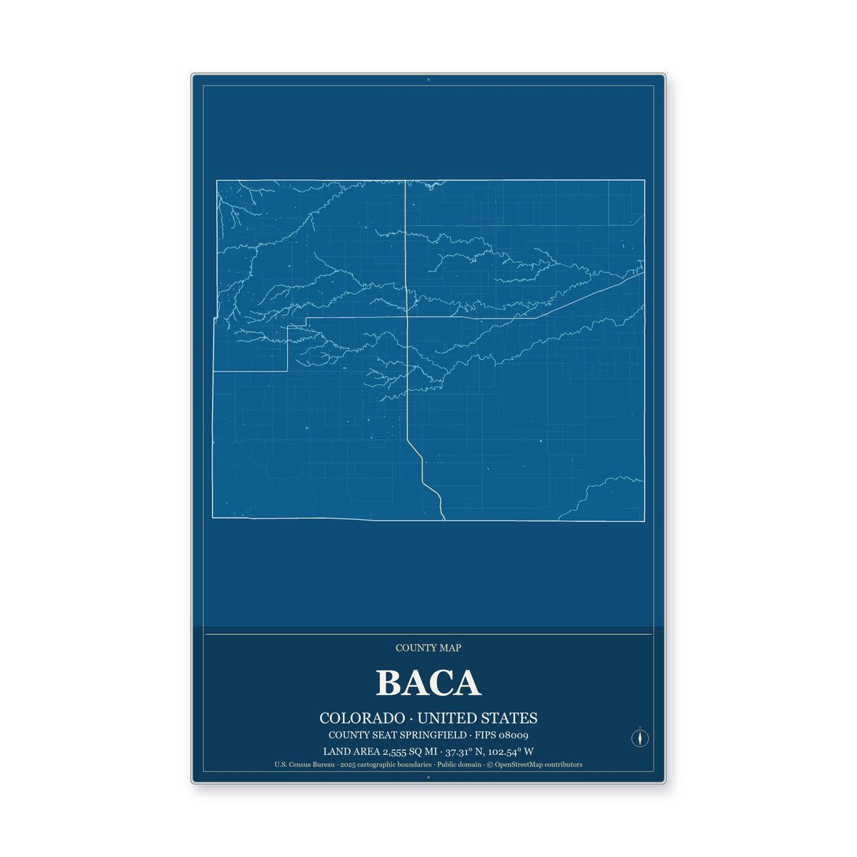 Baca County, Colorado Map Aluminum Sign in Harbor Cobalt style