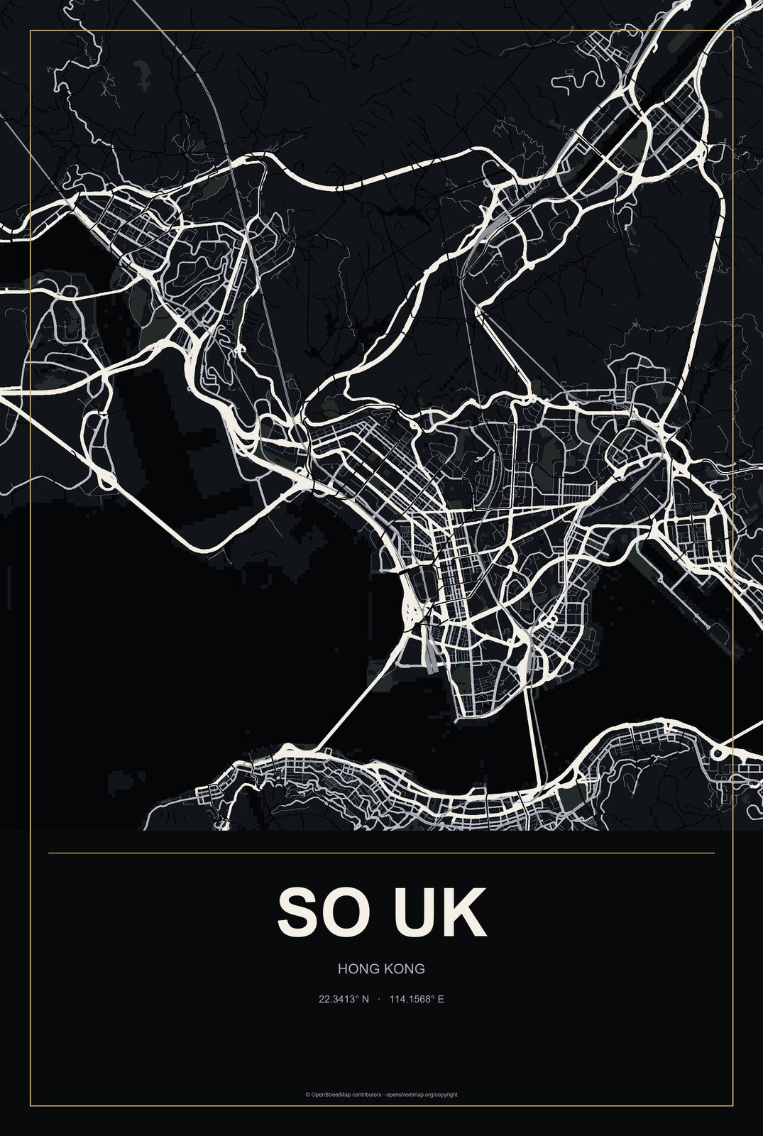 So Uk, Hong Kong City Map Aluminum Sign in Metropolitan Noir style