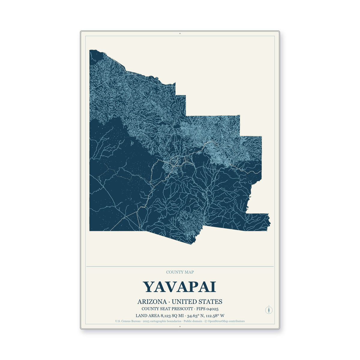 Yavapai County, Arizona Map Aluminum Sign in Coastal Cutout style