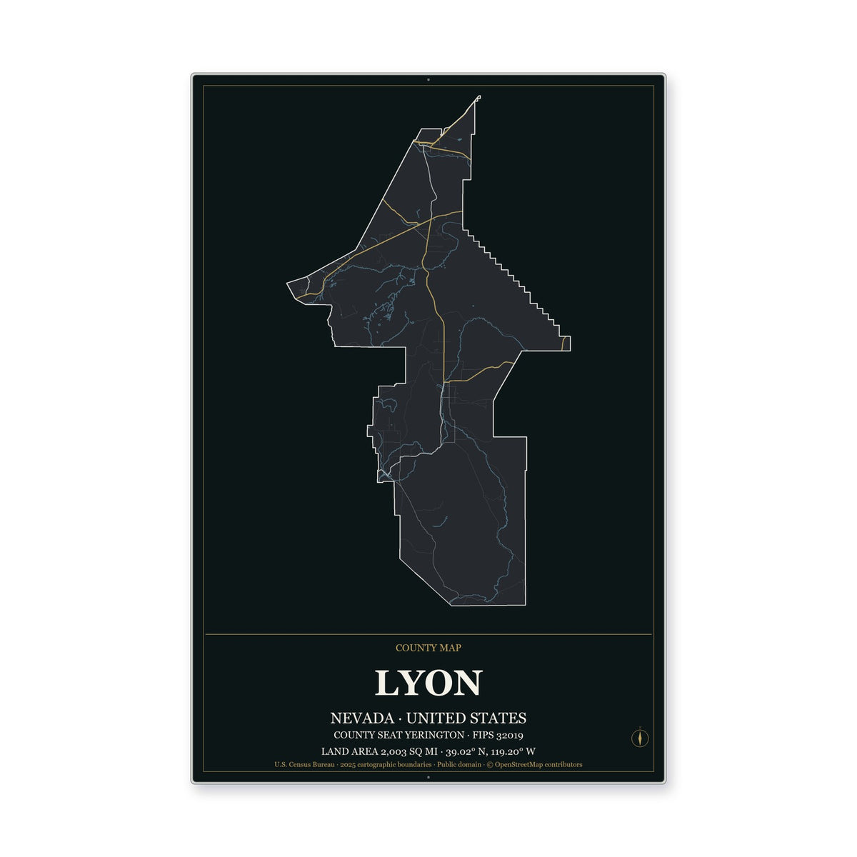 Lyon County, Nevada Map Aluminum Sign in Metropolitan Noir style