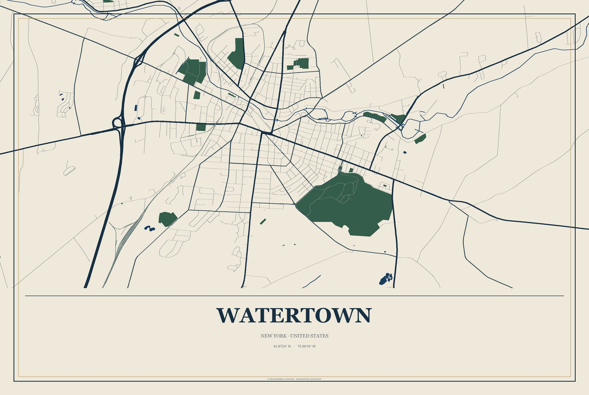 Watertown, New York City Map Aluminum Sign in Coastal Cutout style