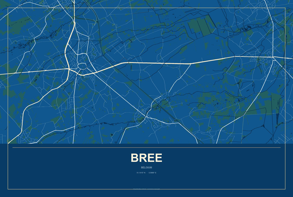 Bree, Belgium City Map Aluminum Sign in Harbor Cobalt style