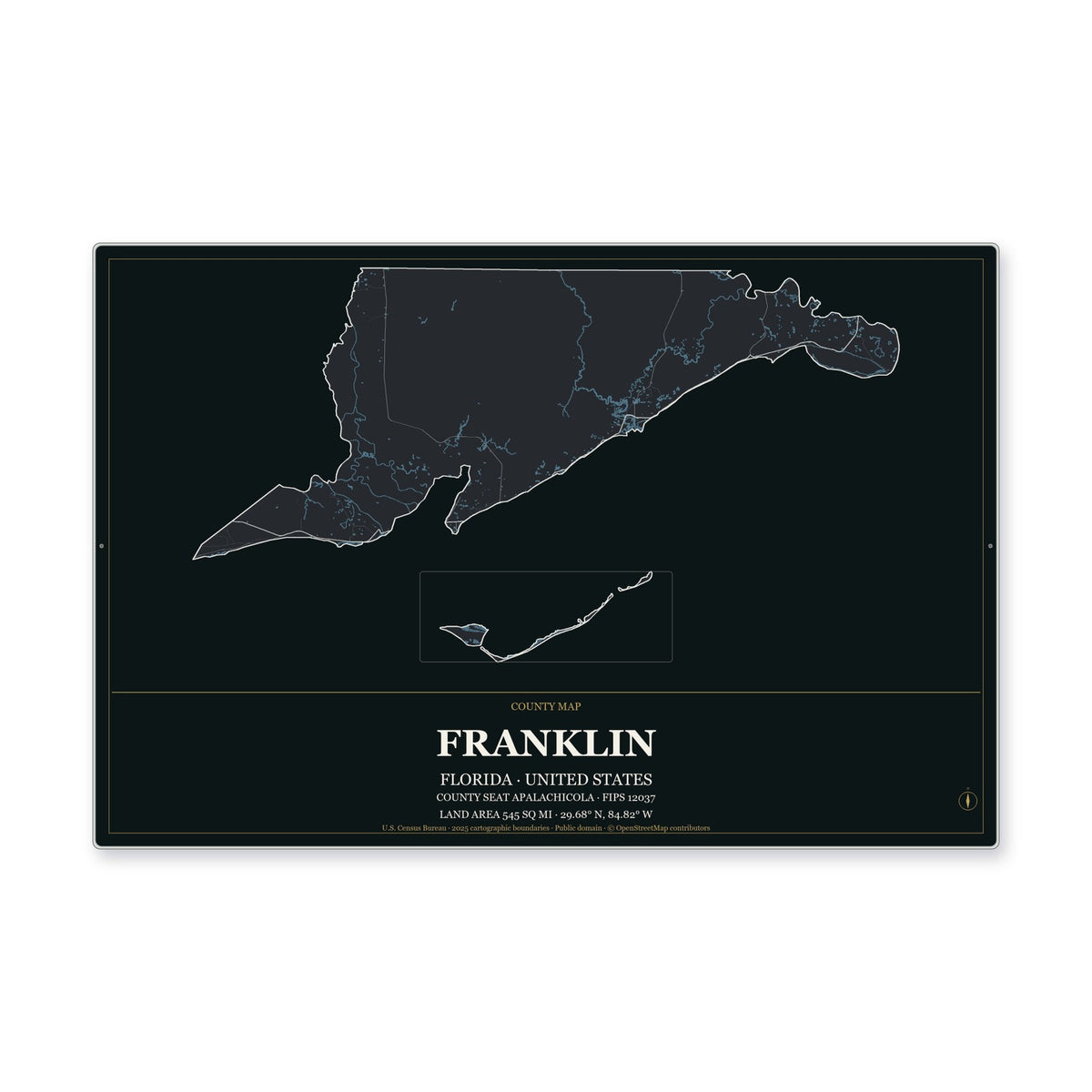 Franklin County, Florida Map Aluminum Sign in Metropolitan Noir style
