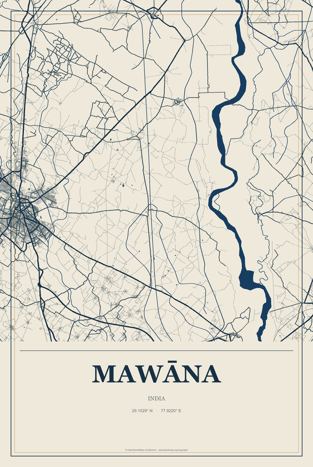 Mawāna, India City Map Aluminum Sign in Coastal Cutout style