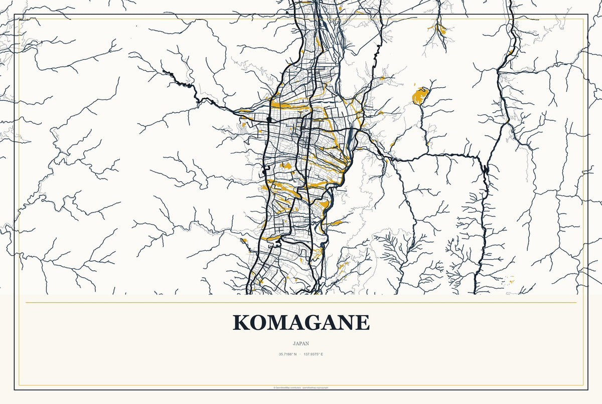 Komagane, Japan City Map Aluminum Sign in Citrine Modern style