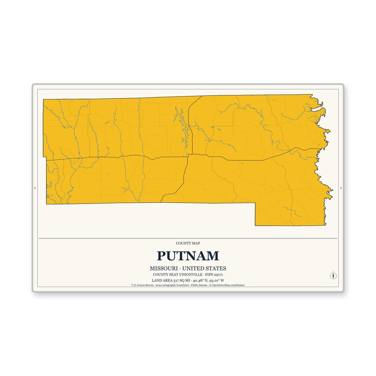 Putnam County, Missouri Map Aluminum Sign in Citrine Modern style