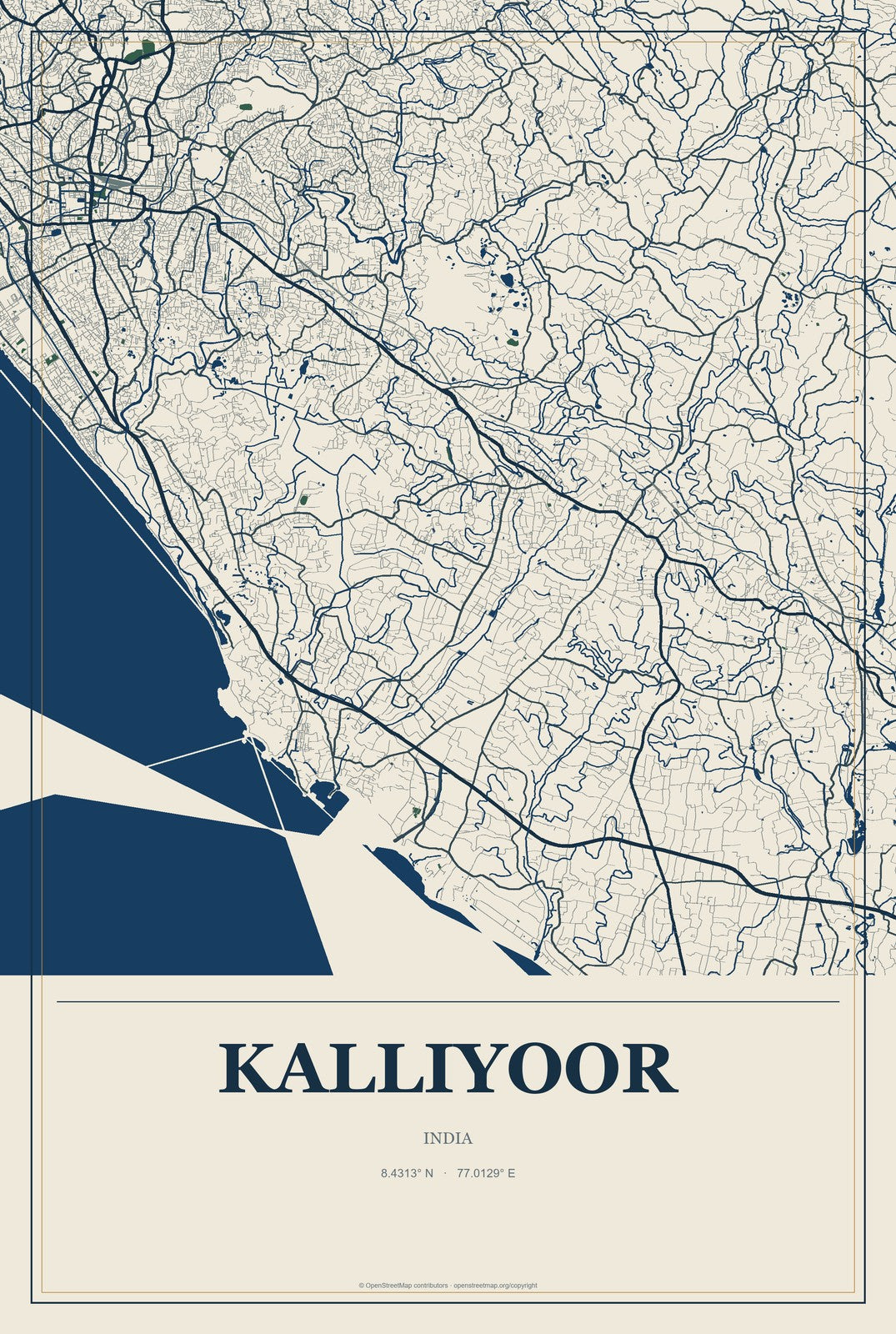 Kalliyoor, India City Map Aluminum Sign in Coastal Cutout style