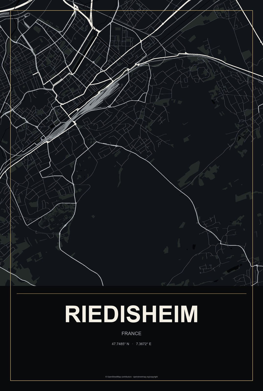 Riedisheim, France City Map Aluminum Sign in Metropolitan Noir style