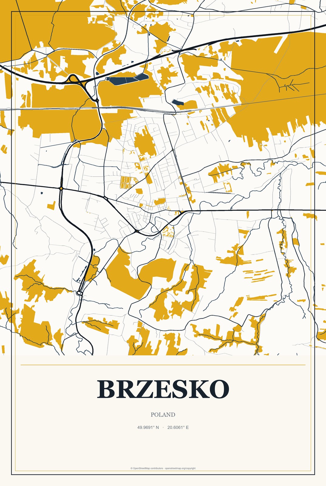 Brzesko, Poland City Map Aluminum Sign in Citrine Modern style