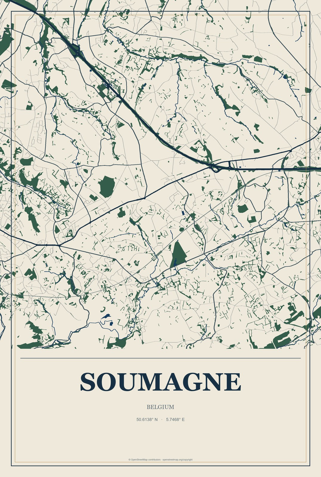 Soumagne, Belgium City Map Aluminum Sign in Coastal Cutout style
