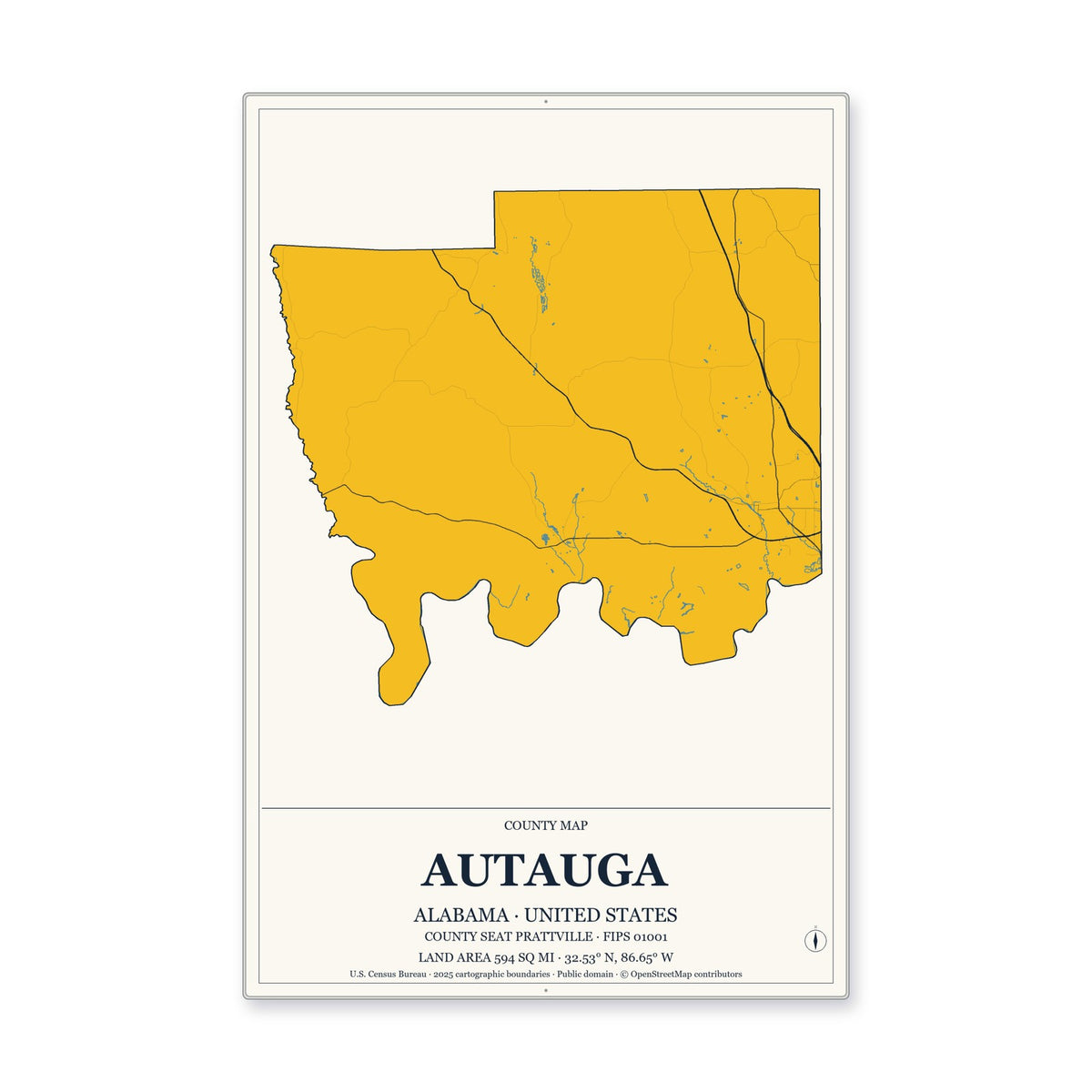 Autauga County, Alabama Map Aluminum Sign in Citrine Modern style