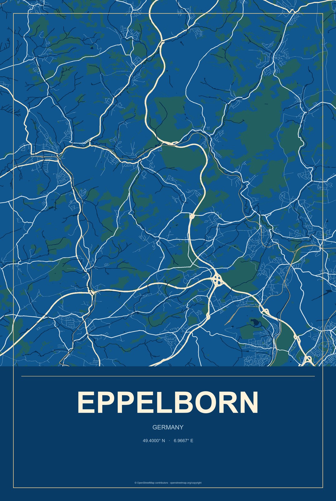 Eppelborn, Germany City Map Aluminum Sign in Harbor Cobalt style