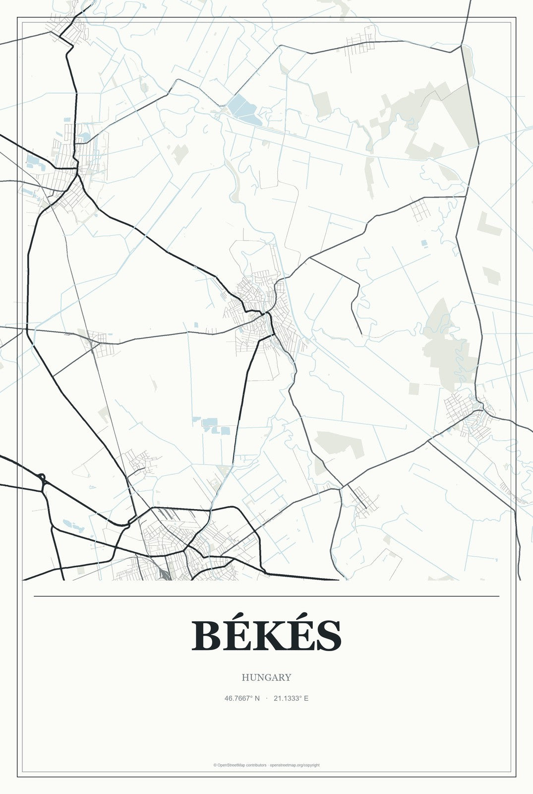 Békés, Hungary City Map Aluminum Sign in Gallery Air style